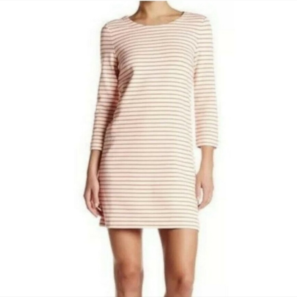 J Crew stripe shift dress size S orange white nautical crew neck 3/4 sleeve